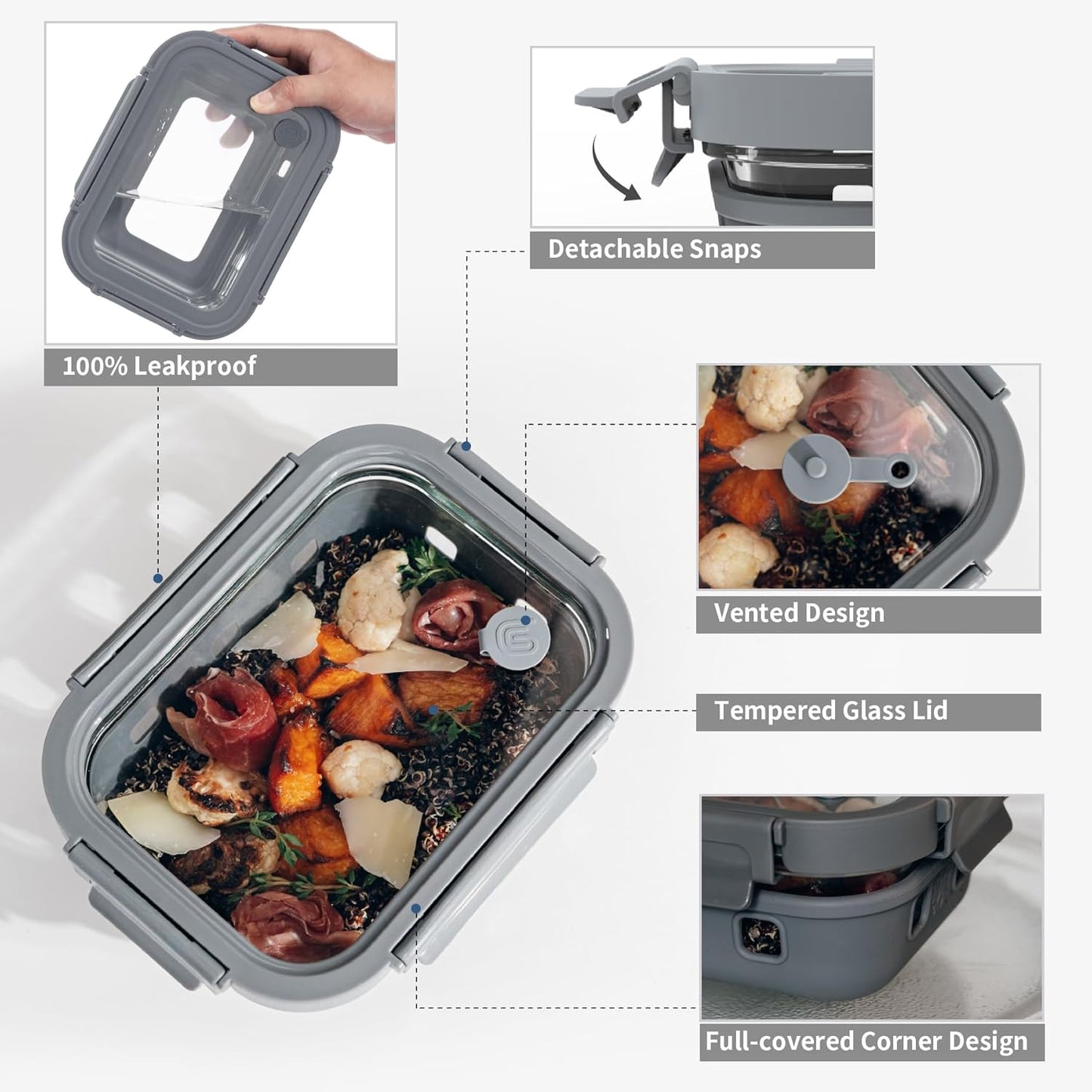 GENICOOK Glass Food Storage Containers With Glass Lids Bento Box Set Lunch Box Eco Friendly Meal Prep Containers Airtight – Plastic Free, Silicon Sleeve Bpa Free 4.4cup/ 5 * 1050ml