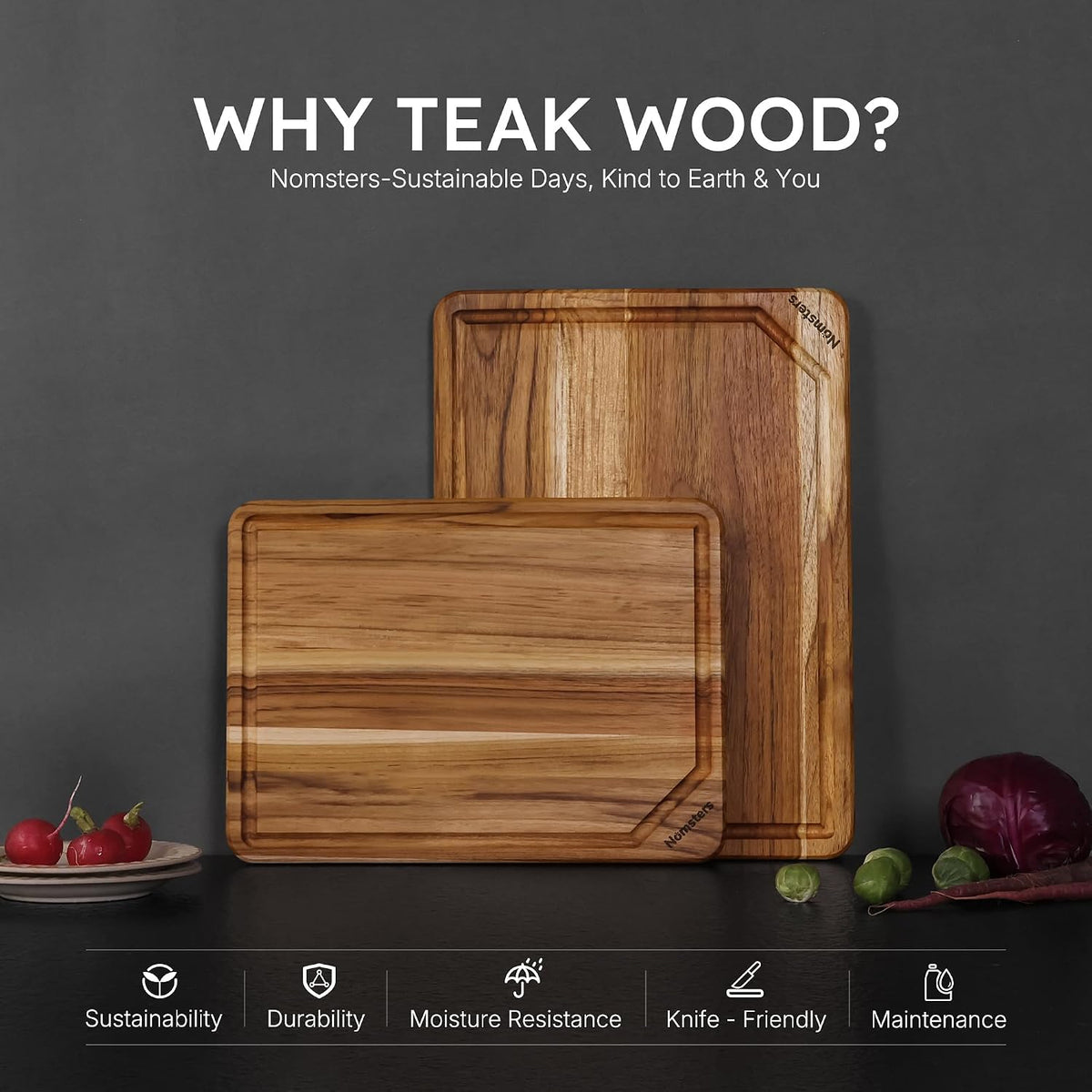 3 Pack Teak Wood Cutting Board Set for Kitchen Charcuterie Board Serving Heavy Duty Non Toxic Slip Hardwood Over Sink Solid Thick Haus Wooden Chopping Board Large Big Small Meat Best Essential Gift