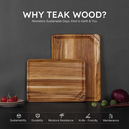 3 Pack Teak Wood Cutting Board Set for Kitchen Charcuterie Board Serving Heavy Duty Non Toxic Slip Hardwood Over Sink Solid Thick Haus Wooden Chopping Board Large Big Small Meat Best Essential Gift