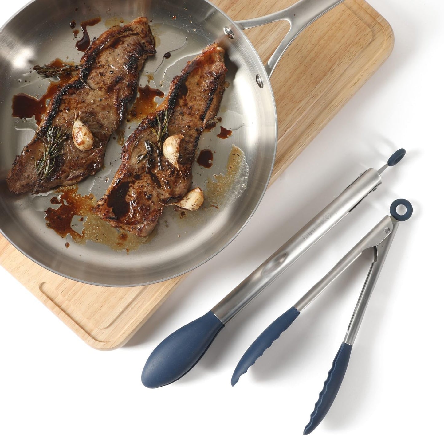 Calphalon Edge Tongs Set, 2-Piece Stainless Steel Kitchen Tongs Set with Silicone Heads, Includes 9-Inch & 12-Inch Heat-Resistant Locking Tongs for Cooking, Grilling & Serving, Taupe