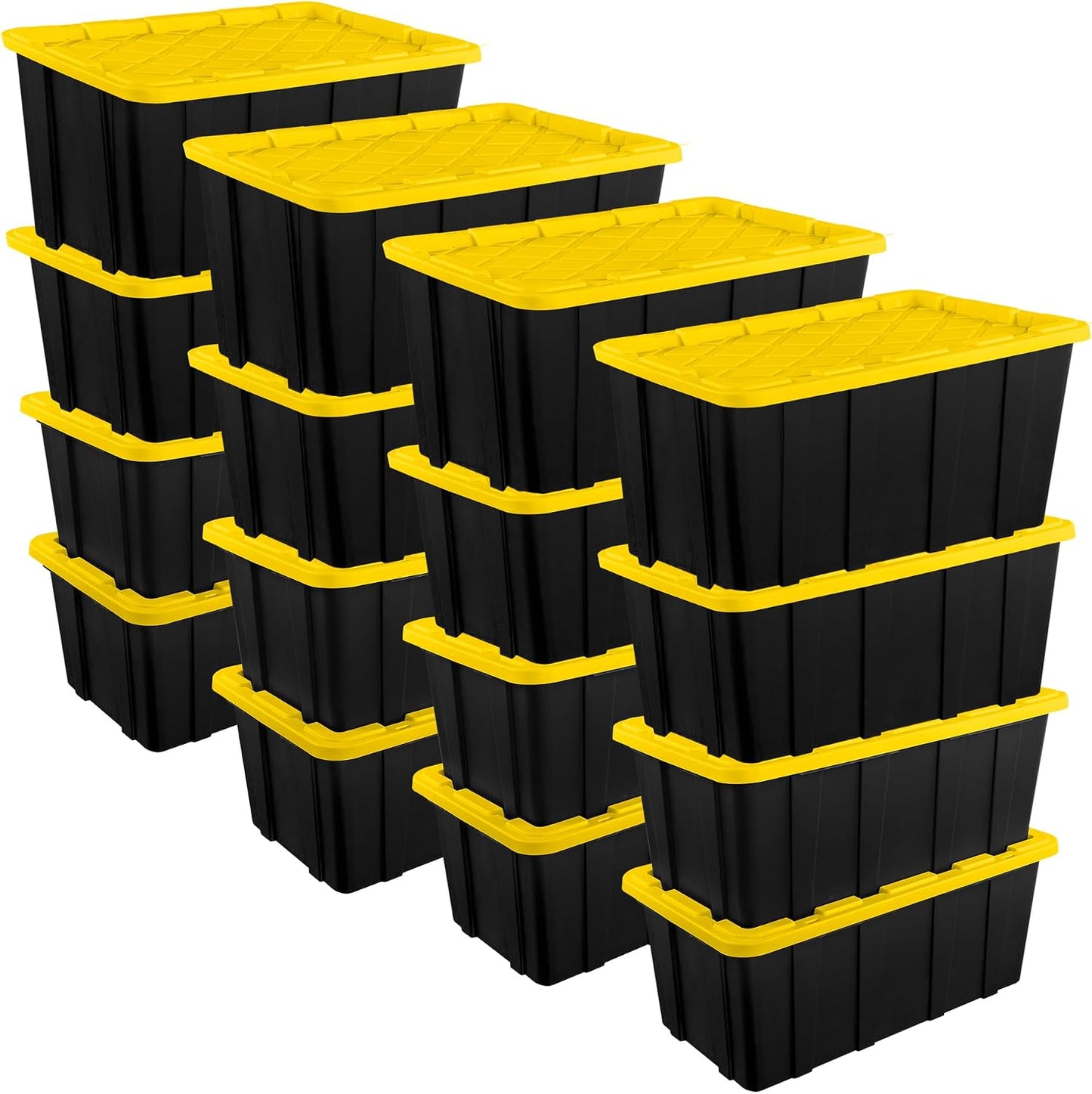 Sterilite 4-Pack 27 Gallon Industrial Storage Tote, Heavy-Duty Plastic Bins, Black/Yellow - Stackable Utility Organizers with Lids for Garage, Camping Tools, and Outdoor Gear