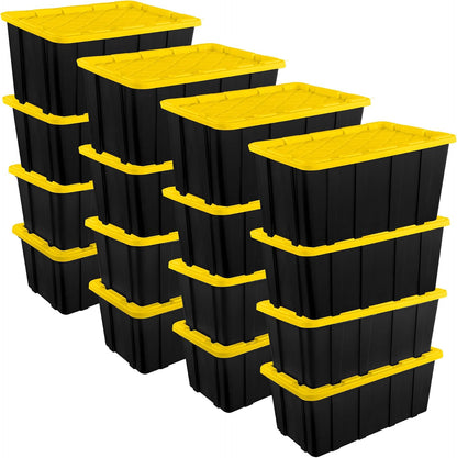 Sterilite 4-Pack 27 Gallon Industrial Storage Tote, Heavy-Duty Plastic Bins, Black/Yellow - Stackable Utility Organizers with Lids for Garage, Camping Tools, and Outdoor Gear