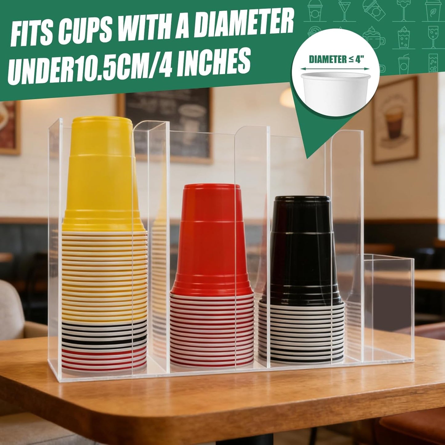 4 Compartments Acrylic Cup and Lid Holder, Clear Disposable Coffee Cup Holder Organizer,Cup Dispenser for Kitchen Bar Shop Party Supplies