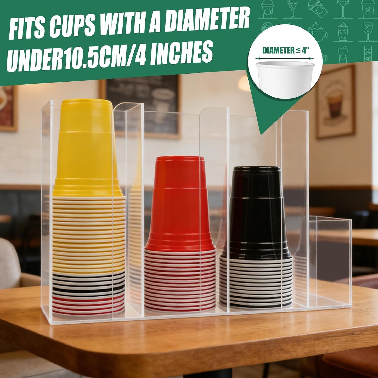 4 Compartments Acrylic Cup and Lid Holder, Clear Disposable Coffee Cup Holder Organizer,Cup Dispenser for Kitchen Bar Shop Party Supplies