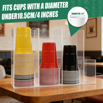 4 Compartments Acrylic Cup and Lid Holder, Clear Disposable Coffee Cup Holder Organizer,Cup Dispenser for Kitchen Bar Shop Party Supplies