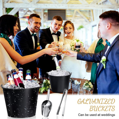Zopeal 12 Pcs Galvanized Beer Bucket Set, Includes 8 Metal Ice Buckets 5qt with 2 Scoops & 2 Tongs, Round Slive Pails Bulk for Weddings Birthday Beach Pool Party Supplies Summer Table Centerpieces