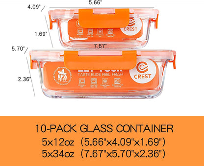 UMEIED 10 Pack Glass Food Storage Containers with Lids, Leakproof Airtight Glass Meal Prep Containers For Lunch, On The Go, Leftover, Dishwasher Safe