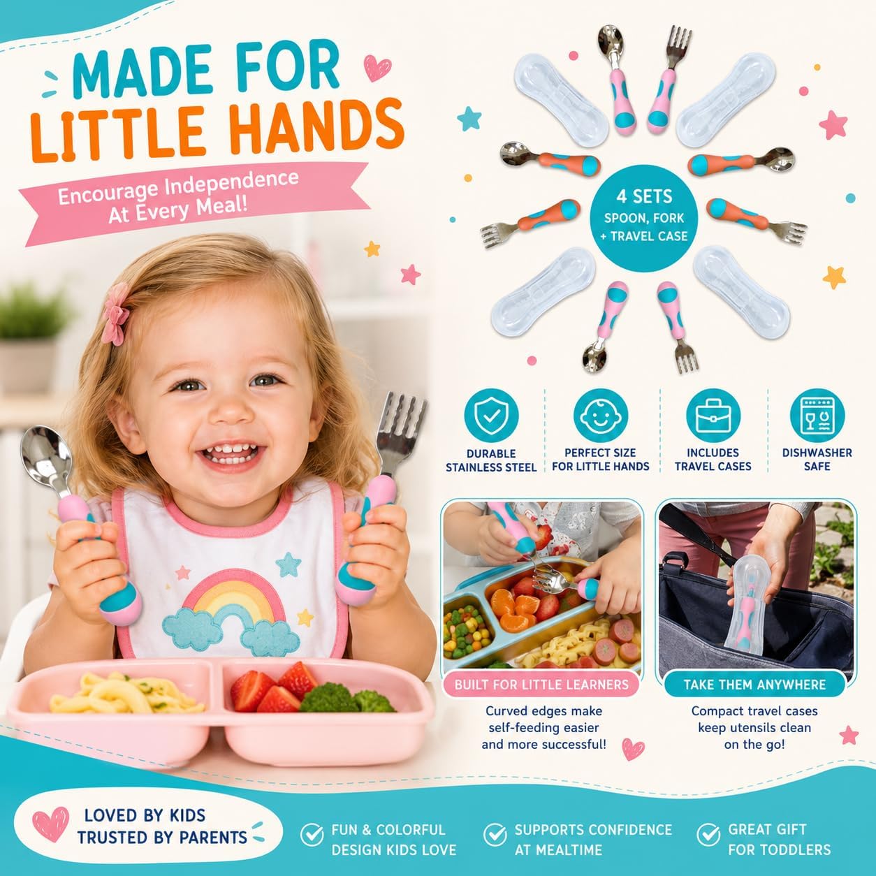kinsho Toddler Utensils - Kids Silverware Set with Travel Case 3 pack - Stainless Steel Forks Spoons for 1 2 3 4 Years Old. Metal Lunch Box Cutlery for Children Girls, Round Handle, 6 Pieces Pink Blue