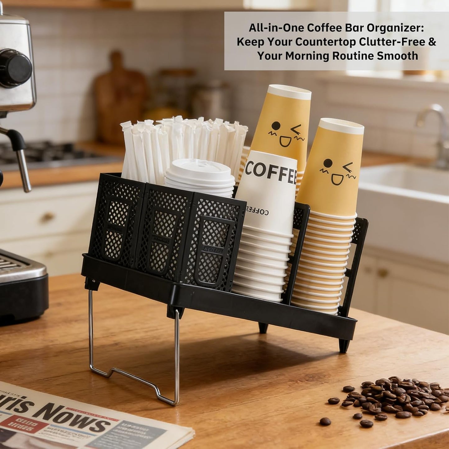 Detachable Paper Cup and Lid Holder, 6 Slots Disposable Cup Dispenser with Straw Organizer, Countertop Organizer for Coffee Station Bar Restaurant Office Breakroom (White)