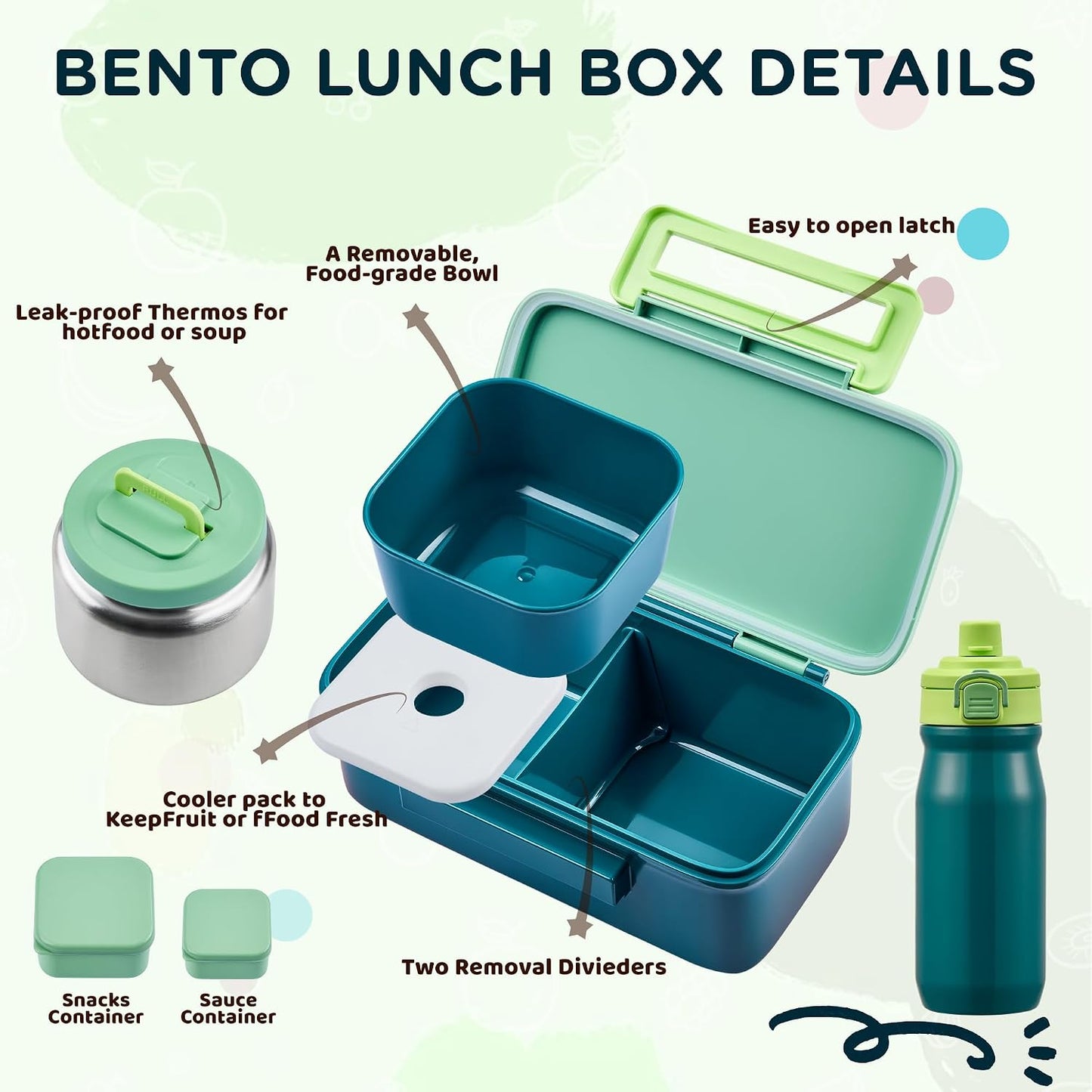 MAISON HUIS Bento Box for Kids with 8oz Soup Thermo, Insulated Lunch Bag & 17oz Water Bottle, 2-Compartment Bento Box with Built-In Ice Pack, Leak-Proof & BPA-Free (Purple)