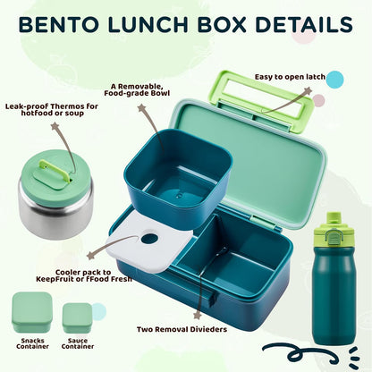 MAISON HUIS Bento Box for Kids with 8oz Soup Thermo, Insulated Lunch Bag & 17oz Water Bottle, 2-Compartment Bento Box with Built-In Ice Pack, Leak-Proof & BPA-Free (Purple)