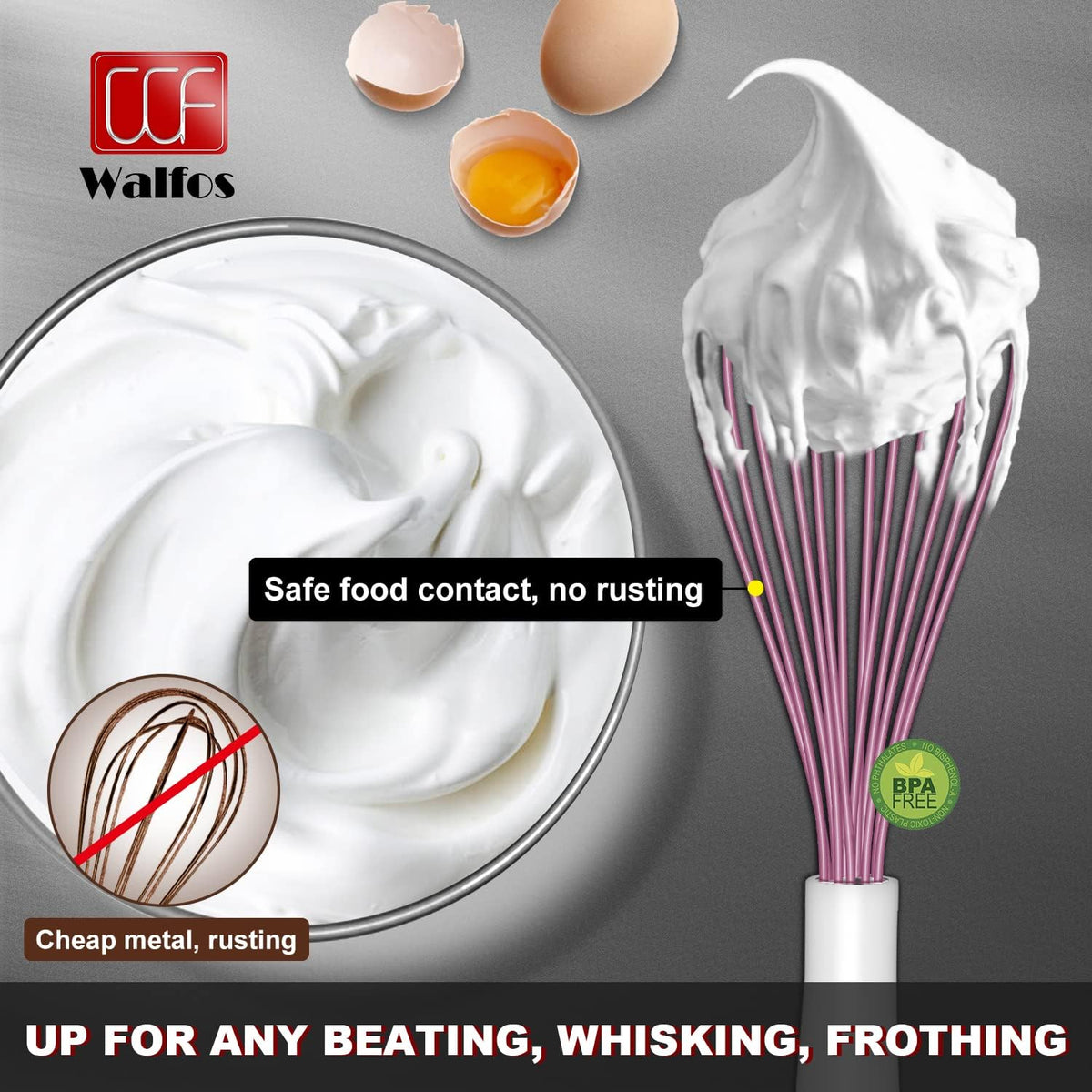 Walfos Silicone Whisk,Stainless Steel Wire Whisk -Heat Resistant 480°F Kitchen Whisks for Non-stick Cookware,Balloon Egg Beater Perfect for Blending,Whisking,Beating,Frothing & Stirring,Black