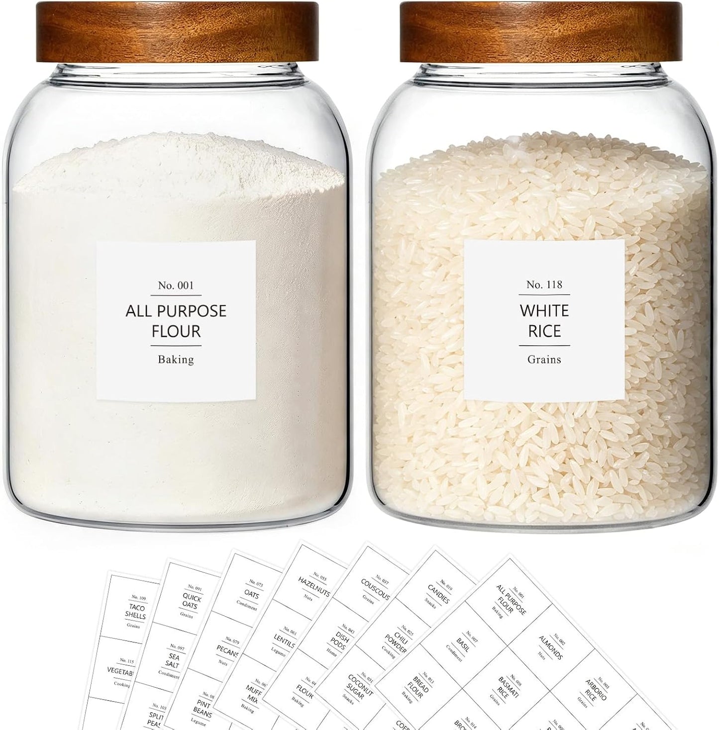 KEYWING 88oz Large Glass Jars with Airtight Acacia Wood Lids, Set of 3 Food Storage Containers for Flour, Sugar, Rice, Pasta, Cereal, Cookies – Includes 126 Labels
