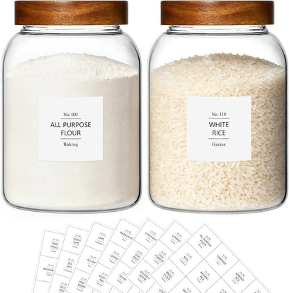 KEYWING 88oz Large Glass Jars with Airtight Acacia Wood Lids, Set of 3 Food Storage Containers for Flour, Sugar, Rice, Pasta, Cereal, Cookies – Includes 126 Labels