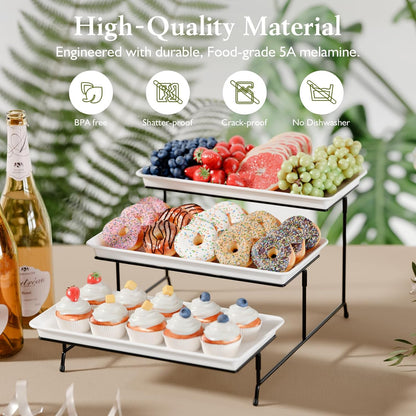 3-Tier Melamine Serving Tray Set, 11.5" x 5.6" Platters for Serving Food, Black Reusable Trays with Black Metal Display Stand for Cupcakes, Sevring Food, Dessert, Fruit, Cookie, Gold