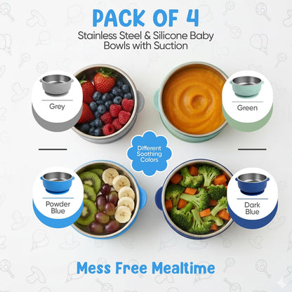o'doe Suction Bowls for Baby - Non-Toxic Stainless Steel Baby Bowls 5" with Non-Slip Removable Silicone Shell - BPA-Free Toddler Bowls (Dark Blue + Powder Blue + Grey + Green)