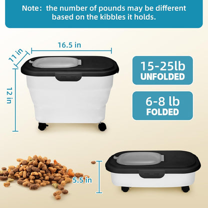 Dog Food Container, Collapsible Pet Food Storage Container 17-20 lb with Rolling Wheels & Airtight Lid, Plastic Storage Bin With Dog Food Scoop and Measuaring Cups