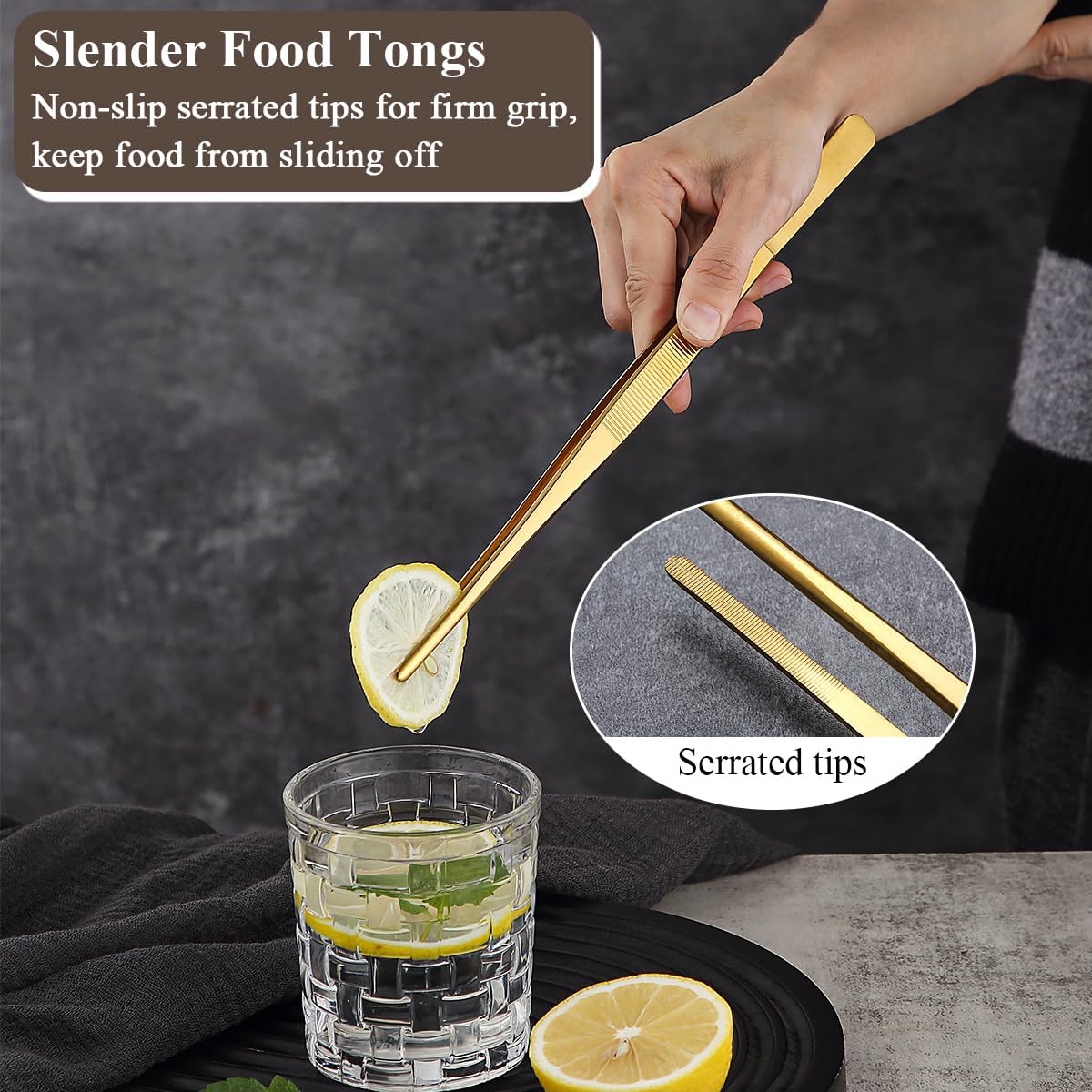 Berglander Kitchen Tweezers Tongs 2pcs, 12" Extra-Long Titanium Gold Plating Stainless Steel Metal Heavy Duty Cooking Tweezers for Chef, Serving Food, Grill, Culinary, Pasta, Salad, BBQ