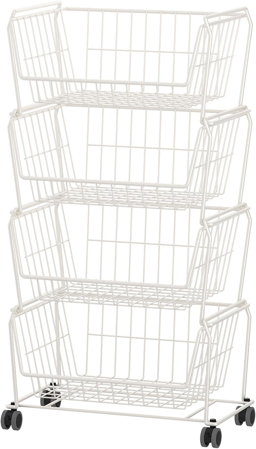 PUSDON 4-Tier Spacious Stackable Wire Storage Baskets with Wheels, Metal Rolling Utility Cart Organizer, Fruit and Vegetable Produce Basket for Kitchen Pantry, Everyday Bathroom Shelf, Silver Grey