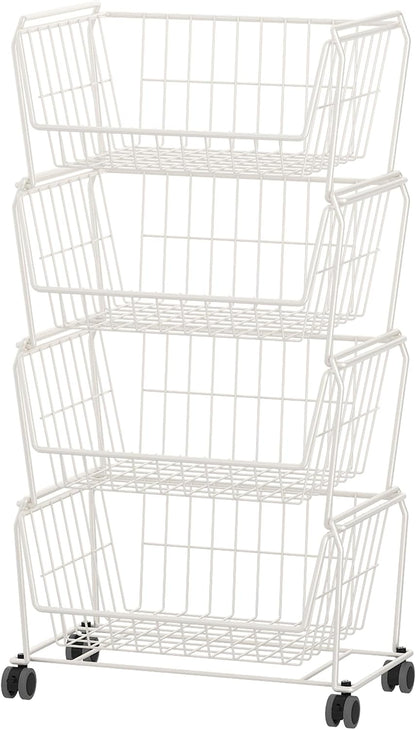 PUSDON 4-Tier Spacious Stackable Wire Storage Baskets with Wheels, Metal Rolling Utility Cart Organizer, Fruit and Vegetable Produce Basket for Kitchen Pantry, Everyday Bathroom Shelf, Silver Grey