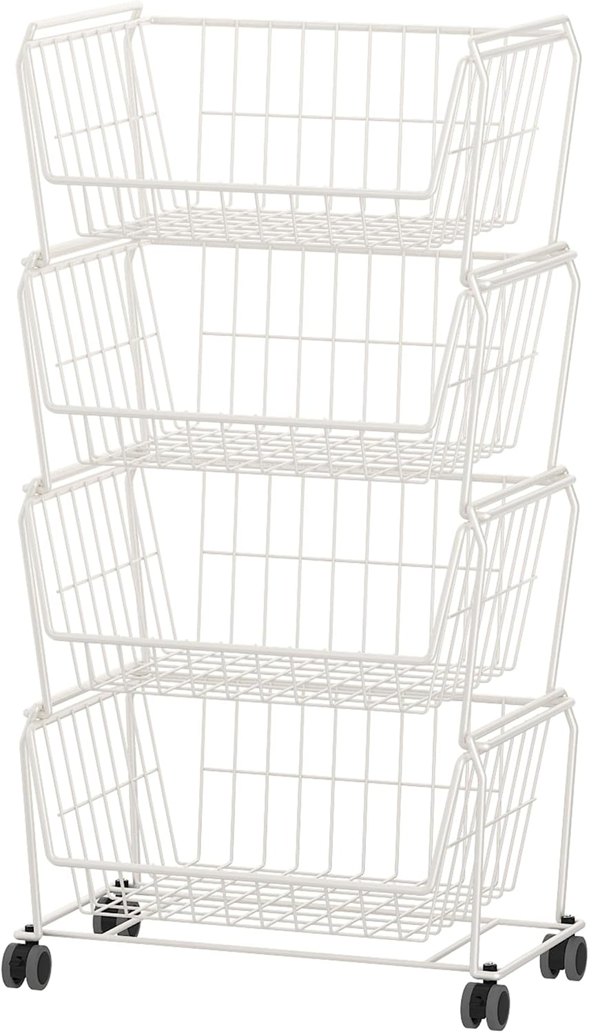 PUSDON 4-Tier Spacious Stackable Wire Storage Baskets with Wheels, Metal Rolling Utility Cart Organizer, Fruit and Vegetable Produce Basket for Kitchen Pantry, Everyday Bathroom Shelf, Silver Grey
