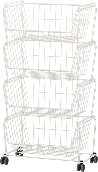 PUSDON 4-Tier Spacious Stackable Wire Storage Baskets with Wheels, Metal Rolling Utility Cart Organizer, Fruit and Vegetable Produce Basket for Kitchen Pantry, Everyday Bathroom Shelf, Silver Grey