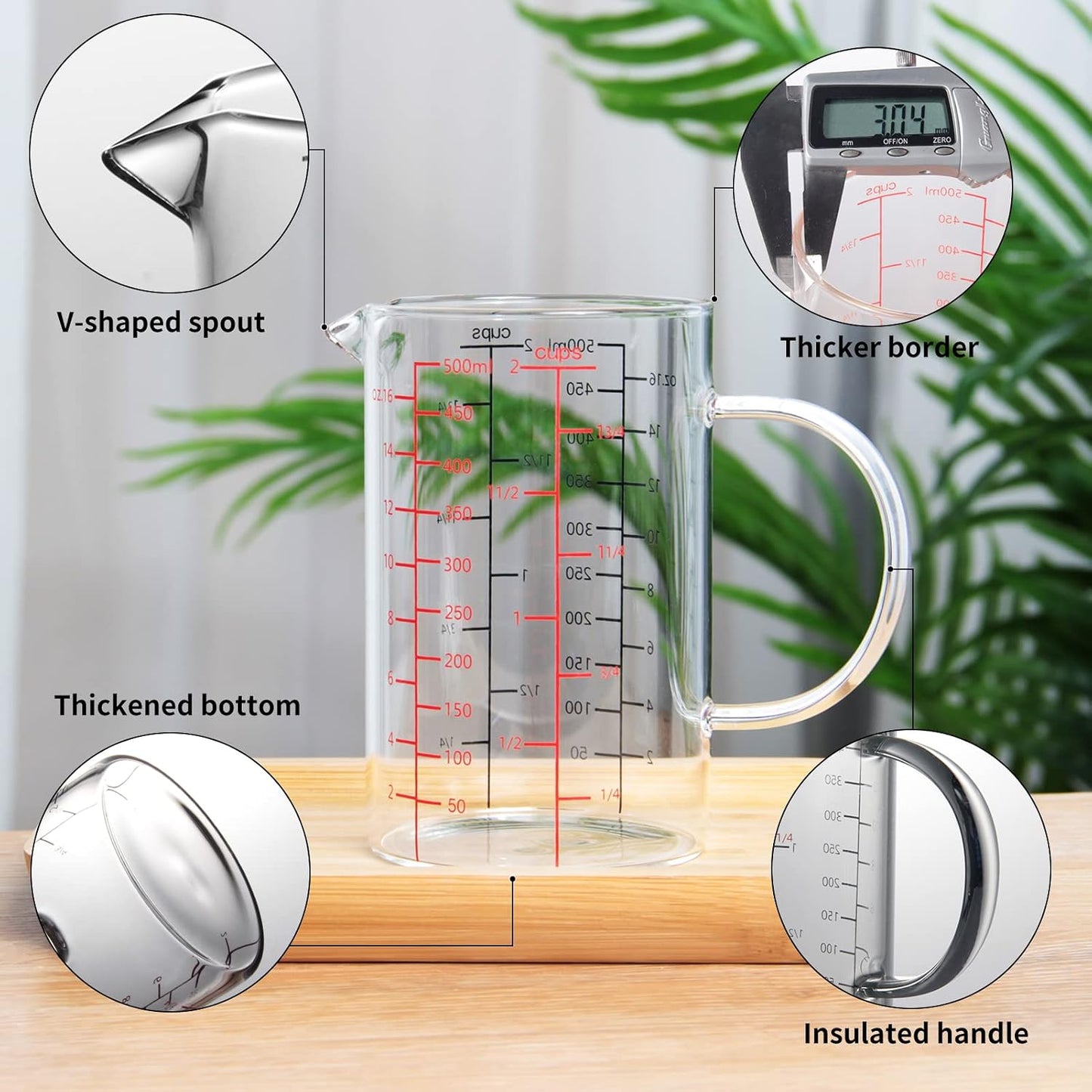 77L 3 Pack Glass Measuring Cup Set (1 1/4, 2 & 4 Cup) [Insulated handle, V-Shaped Spout], High Borosilicate Liquid Glass Measure Cup for Kitchen, Easy To Read, Dishwasher, Freezer, and Microwave Safe