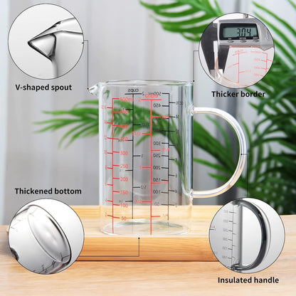 77L 3 Pack Glass Measuring Cup Set (1 1/4, 2 & 4 Cup) [Insulated handle, V-Shaped Spout], High Borosilicate Liquid Glass Measure Cup for Kitchen, Easy To Read, Dishwasher, Freezer, and Microwave Safe