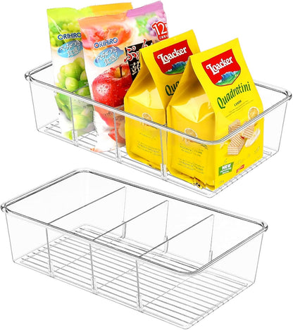 ZIZOTI Snack Organizer for Pantry Shelf, 4 Pack Clear Plastic Pantry Storage Bins with 3 Dividers for Snacks, Spices, Chips Food Organizer, Stackable Pantry Organizers for Kitchen, Fridge, Cabinet