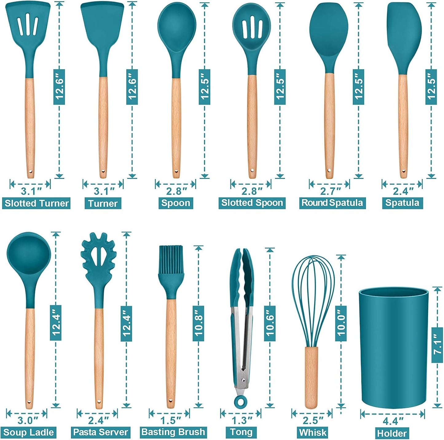 P&P CHEF Silicone Cooking Utensils Set, 12PCS Kitchen Utensils Set with Wooden Handle for Nonstick Cookware, Ladle, Spoon, Spatula, Tong, Heat-resistant & Non-scratch, Non Smell & Healthy, Khaki