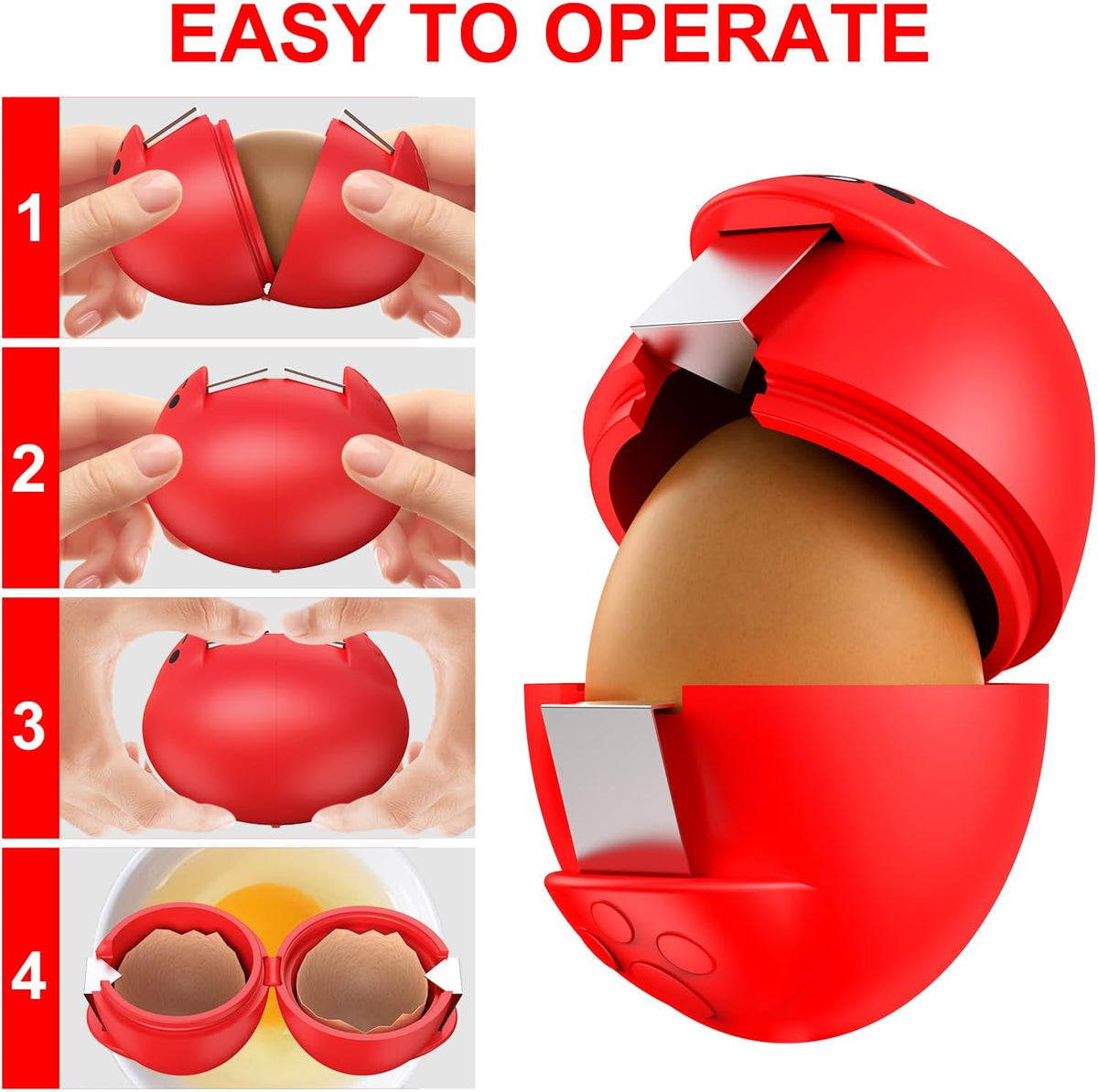 Egg Cracker, Silicone Egg Shell Opener, Cute Egg Shaped Design, Opens Eggs with Ease, A Little Happiness Boost for Your Kitchen.(Color: Red, 2-Pack)