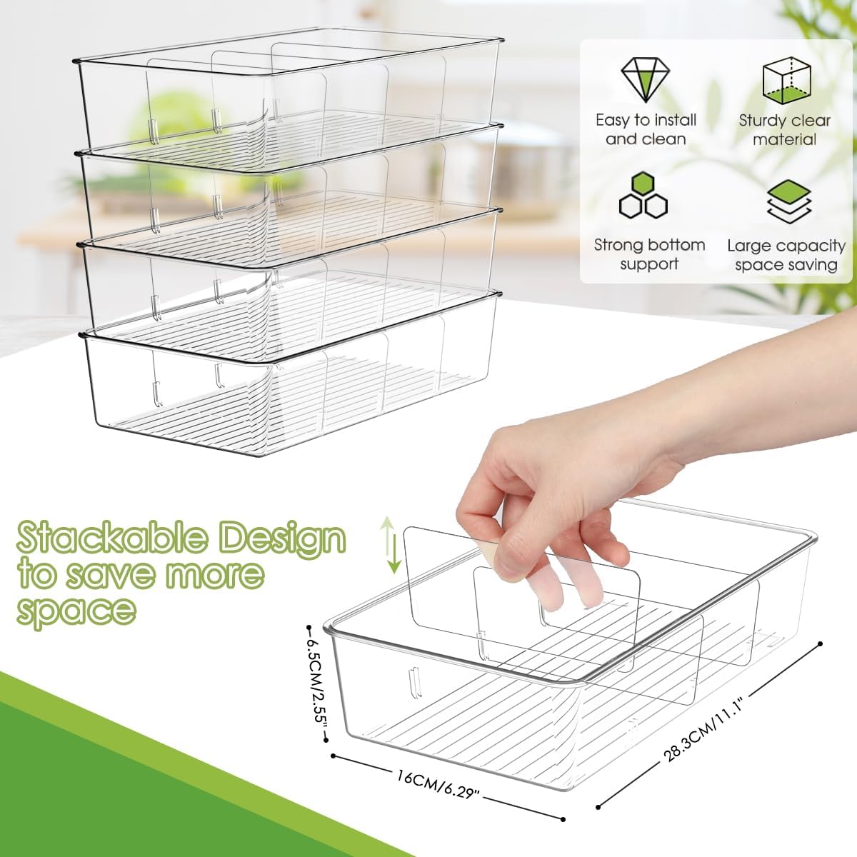 ZIZOTI Snack Organizer for Pantry Shelf, 4 Pack Clear Plastic Pantry Storage Bins with 3 Dividers for Snacks, Spices, Chips Food Organizer, Stackable Pantry Organizers for Kitchen, Fridge, Cabinet