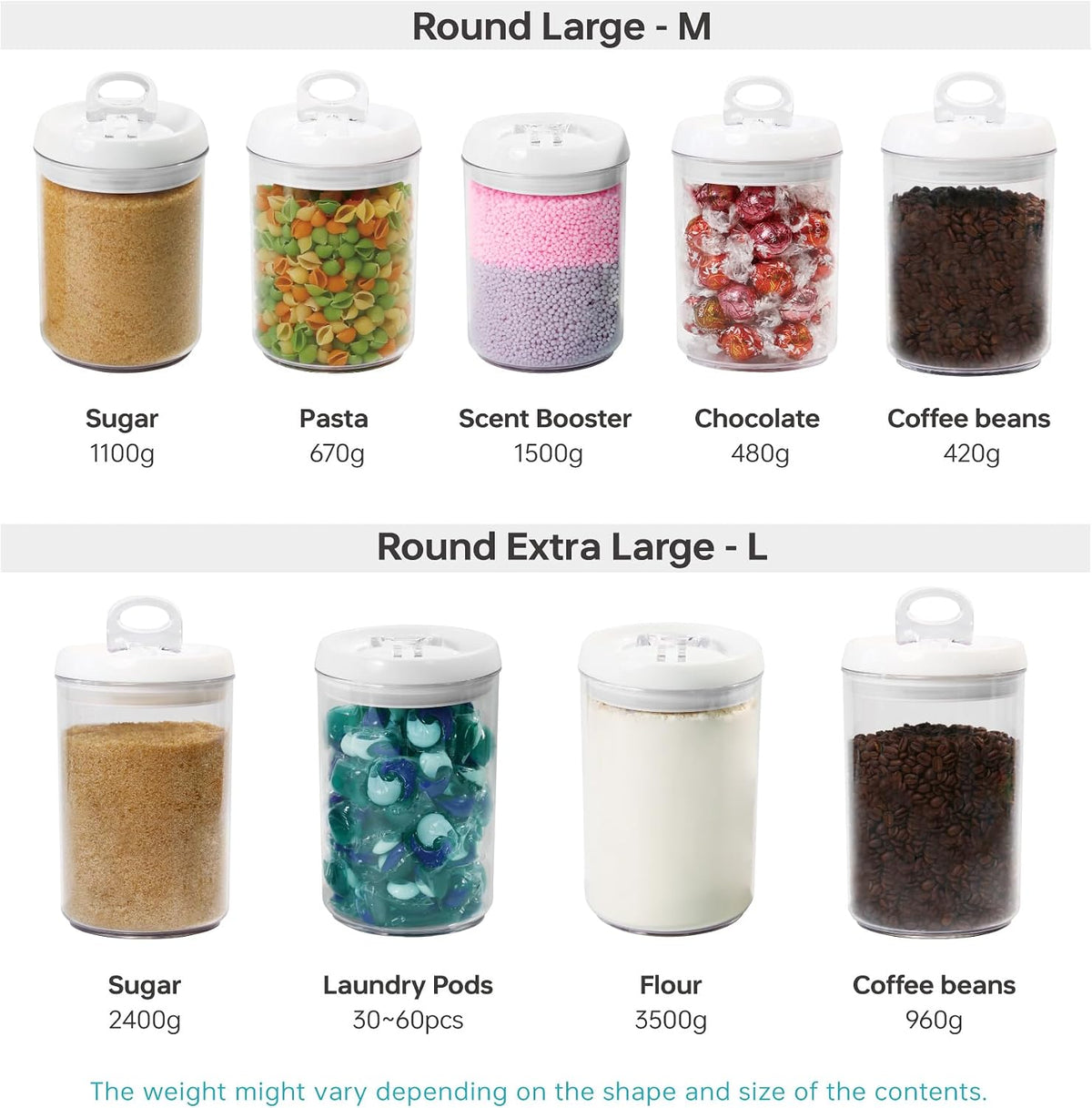 Felli Flip Tite Acrylic Food Storage Container with Lid 6” XL Air Tight Ring Seal Flip Top, Plastic Kitchen Baking Canister for 5 lb Flour Sugar Rice Protein Powder Pantry Organizer (Nest-M, White)