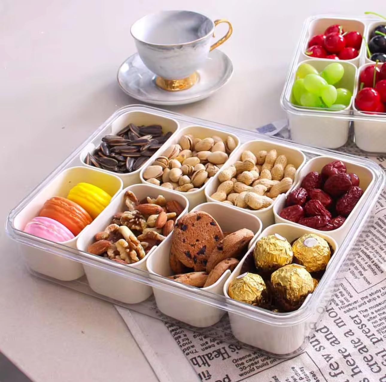 Serving Tray with Lid and Handle Divided Snackle Box Container Multi Compartment Food Container |Fruit Tray Veggie Tray with Lid Appetizer Snack Platter for Parties Travel and Home