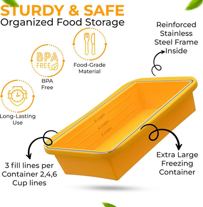 (2 Pack) Large Silicone Freezer Containers For Soup, Pasta Sauce, Leftovers, Broth & More - 6 Cup Reusable BPA Free Non Plastic Food Storage Freezing Ice Trays With Lids & Measurement Lines