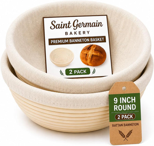 Saint Germain Bakery Premium Round Bread Banneton Basket with Liner (Set of 2 9" Round Baskets)