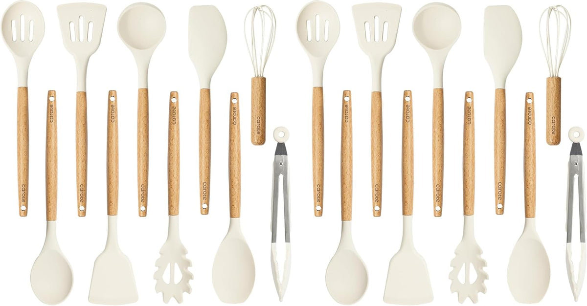 CAROTE Kitchen Utensils Set with Wood Cool-Touch Handles, Cream