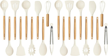 CAROTE Kitchen Utensils Set with Wood Cool-Touch Handles, Cream