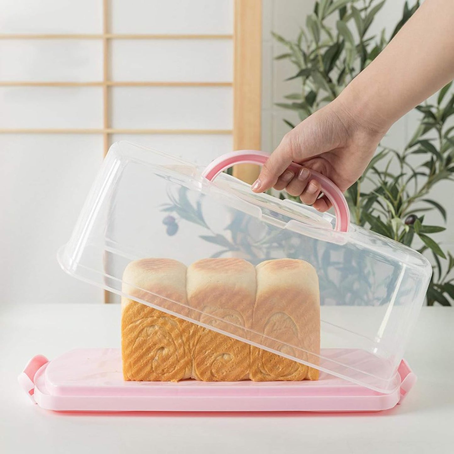 Plastic Rectangular Bread Box with Portable Handle, Loaf Cake Storage Container Box for Storing Banana Bread,Pumpkin Bread (Rectangular-White)