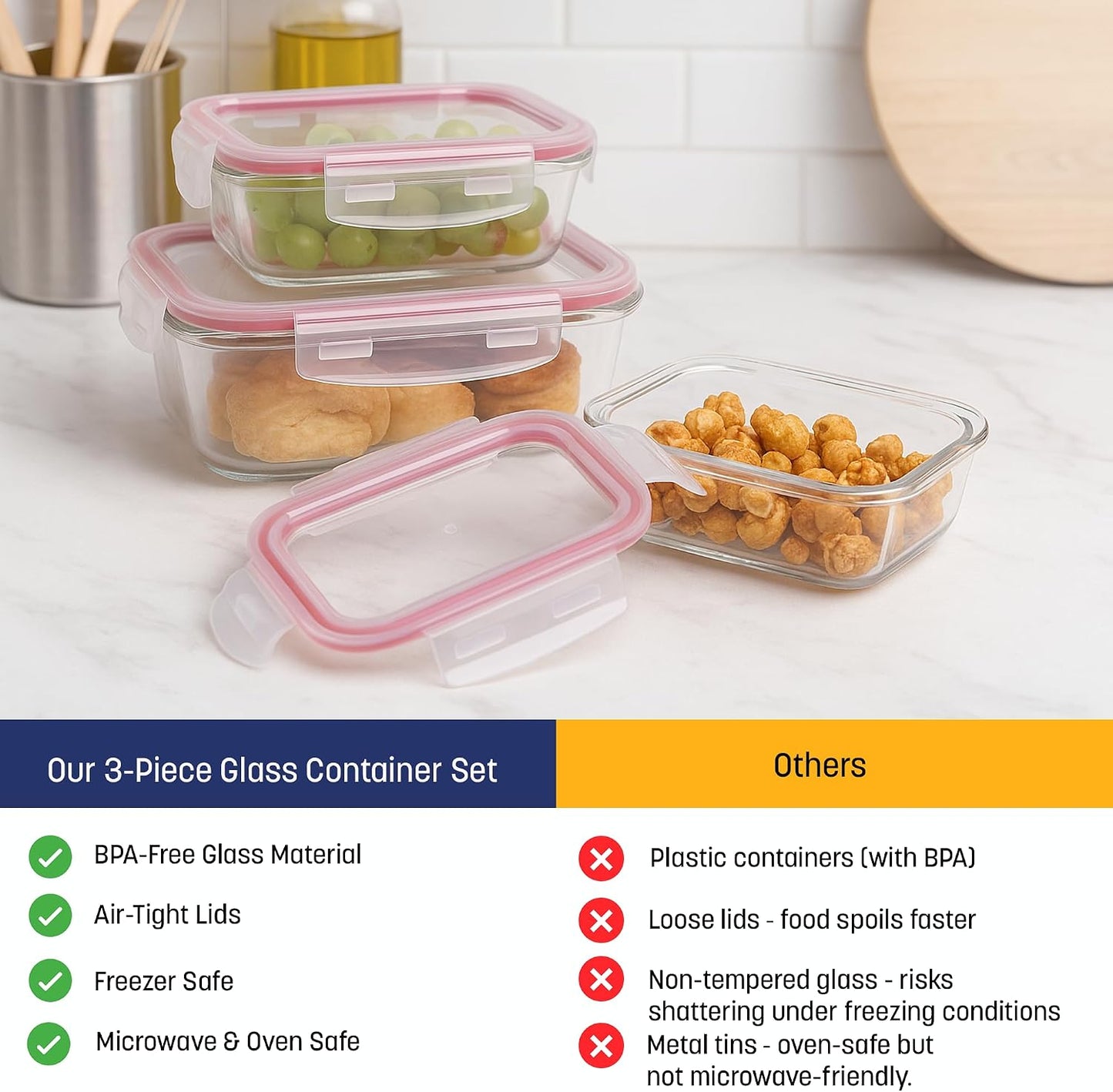 Westinghouse 3-Piece Glass Food Storage Container Set with Airtight Lids - BPA-Free, Stackable, Leakproof, Freezer, Microwave, Oven & Dishwasher Safe Meal Prep Containers - 370ml 640ml 1050ml