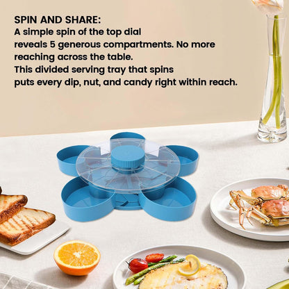 Ymiko 5 Compartment Rotating Snack Tray with Lid Veggie Fruit Tray Vegetable with Dip for Party Appetizers Picnic Kitchen Non Slip Base ABS 9.75in