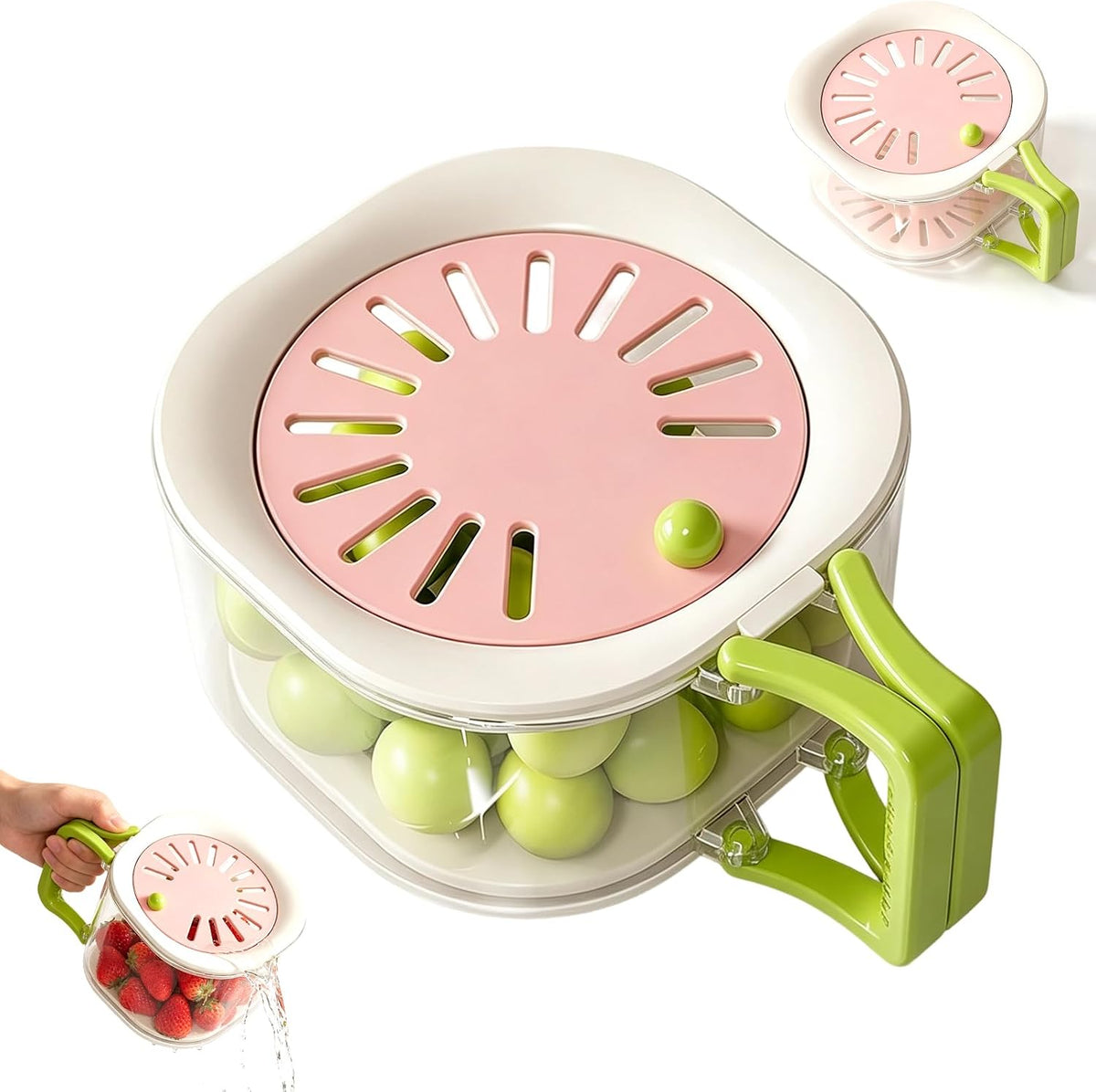 Fruit Vegetable Washing Bowl with Strainer and Lid, Multifunctional Portable Colander, Berry Lettuce Storage Container for Fridge Refrigerator Kitchen Organization, BPA‑Free Food‑Safe Drain Container