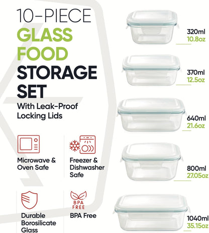 DURA LIVING Airtight Glass Food Storage Containers with Lids - 10 Piece Set, Borosilicate Glass Meal Prep Containers, Leak Proof, Oven Microwave Freezer Dishwasher Safe, BPA-Free
