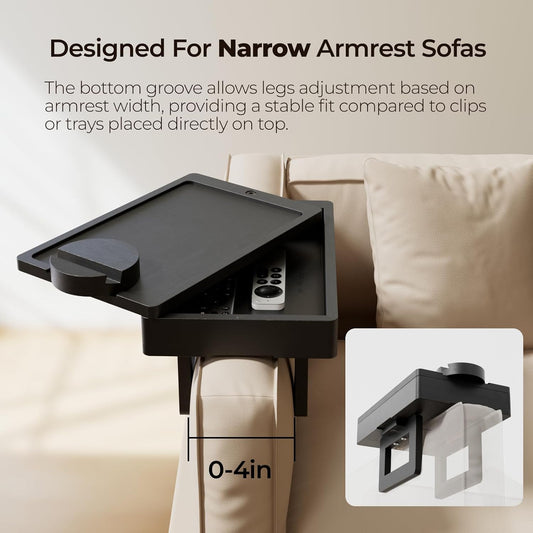 Wealone Mini Black Couch Arm Table for Narrow Armrest, Sofa Arm Tray with Storage Box, Rotating Tabletop & Phone Stand, Adjustable Sofa Arm Table Clip for Snacks or Dining, Width of Armrest 1-7 Inch