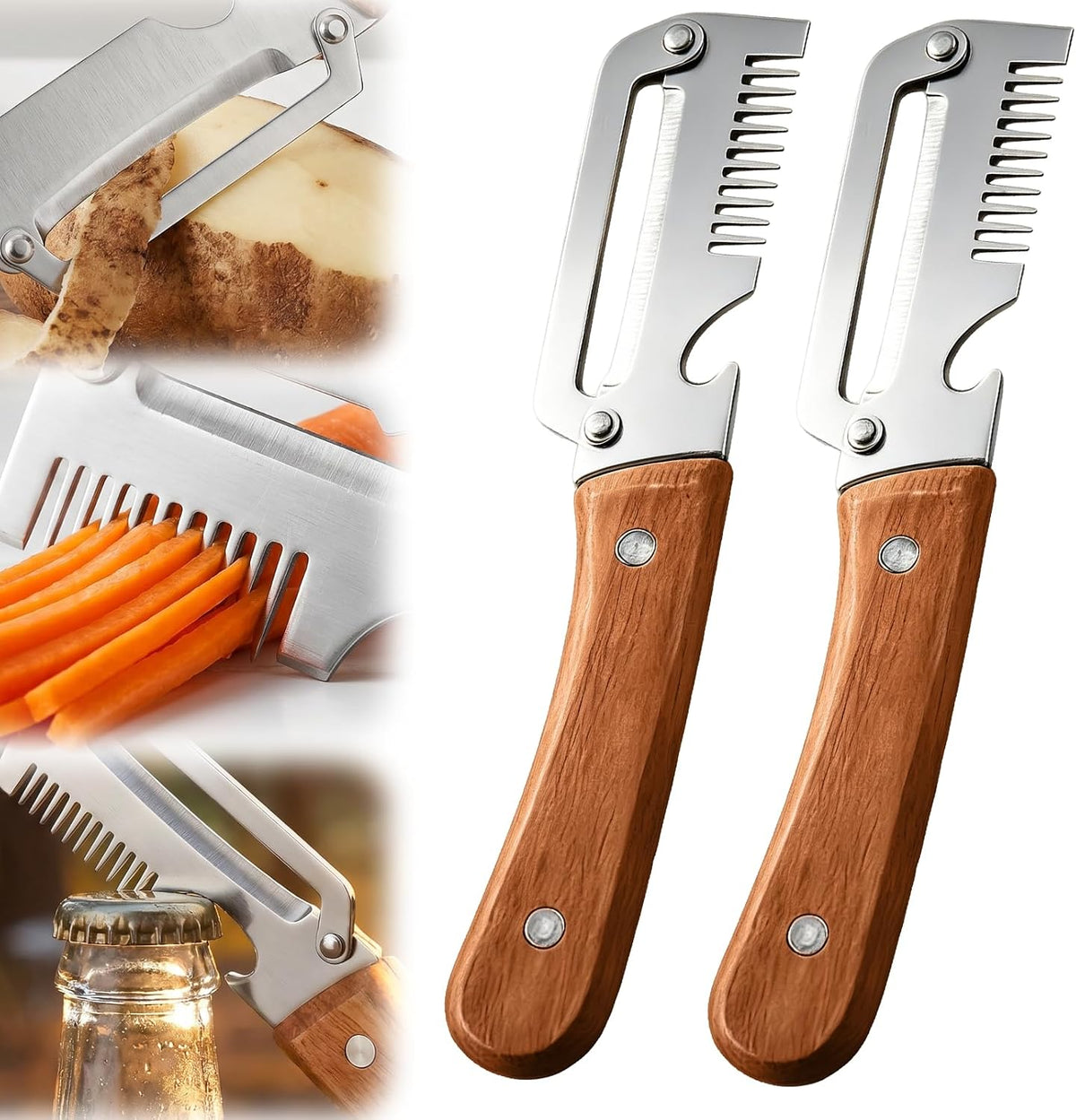 2026 Upgrade Vegetable Peeler and Julienne Peeler Set, Stainless Steel Vegetable Peelers for Kitchen with Wood Handles and Bottle Opener, 2-Pcs Multifunctional Vegetable Peeler Set