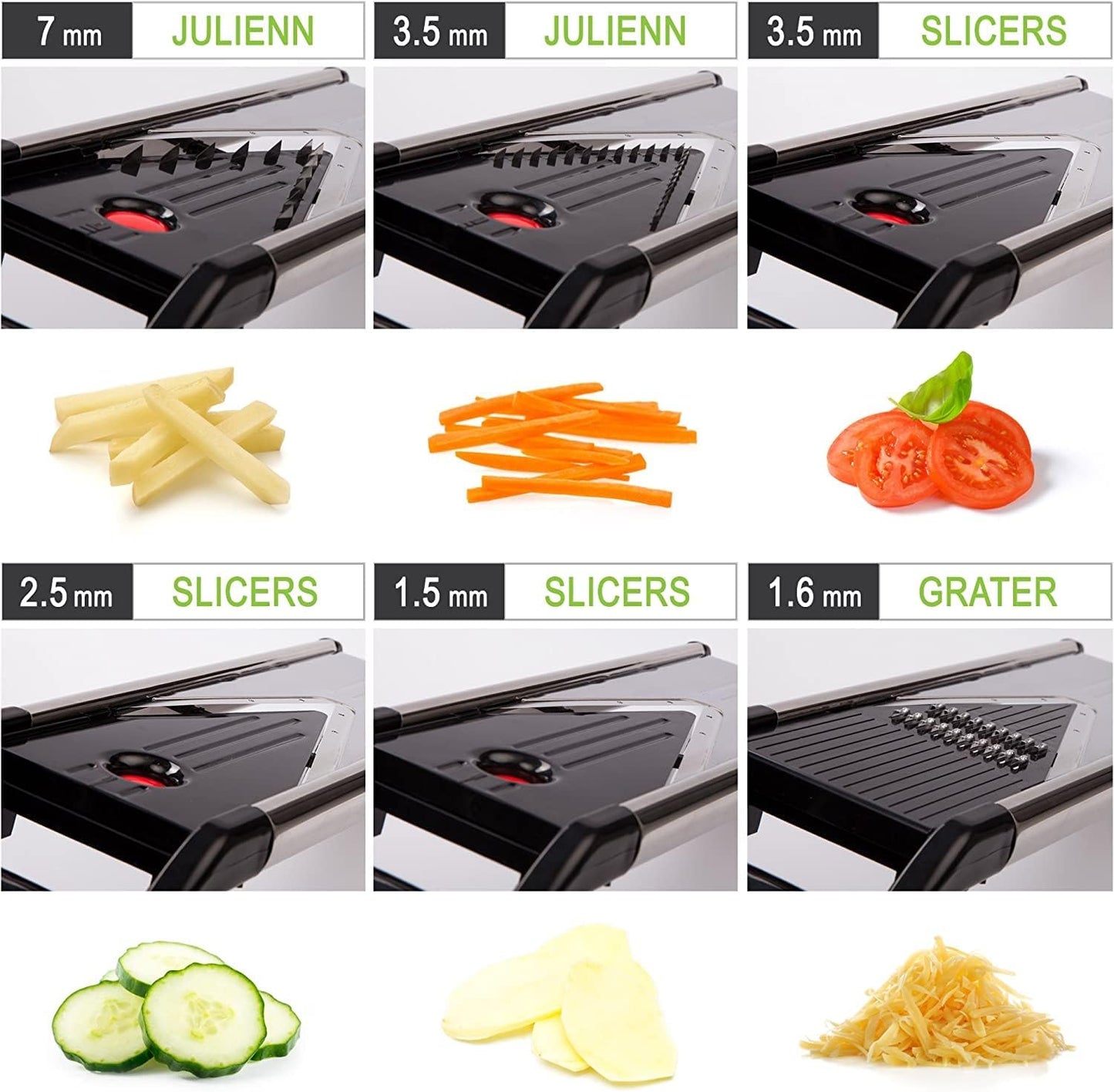 V Blade Stainless Steel Mandoline Slicer - Fruit and Food Slicer, Vegetable Cutter, Cheese Grater - Vegetable Julienne Slicer with Surgical Grade Stainless Steel Blades - Includes 6 Different Inserts