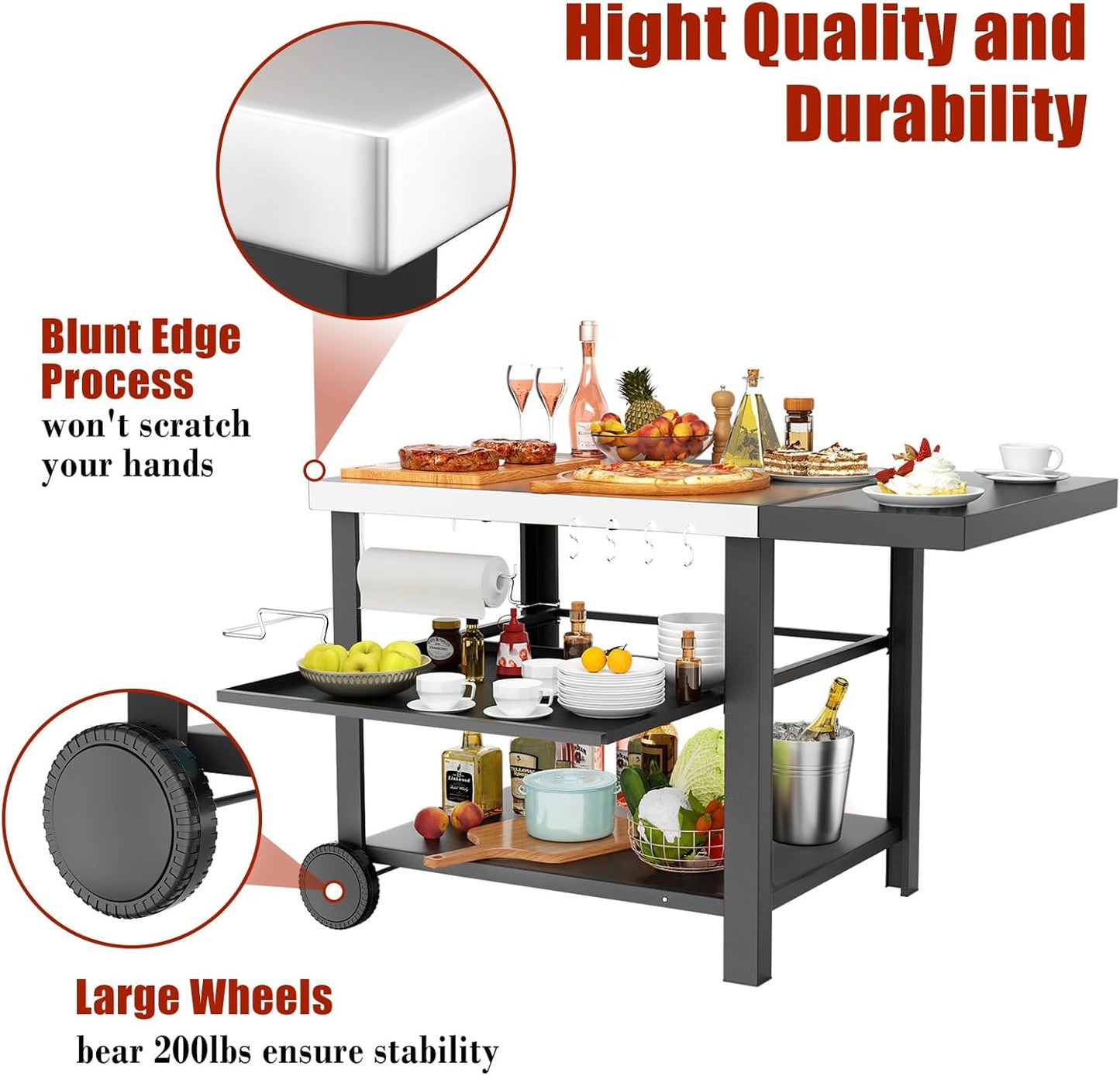 Upgraded Pizza Oven Cart Table for Ooni Koda/Karu/Fyra 16 & 12, Movable Thicken & Widen Rolling Kitchen Cart, Outdoor Grill Stand for Ninja Woodfire,Blackstone Griddle,Barbecue Tool Set