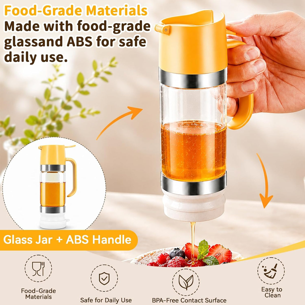 Honey Dispenser No Drip, Glass Honey Dispenser with Stand, 10oz Borosilicate Mess-Free Honey Jar with Ergonomic Handle, Precision Pouring Container for Honey, Maple Syrup, Chocolate Syrup (Black)