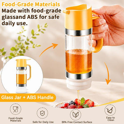 Honey Dispenser No Drip, Glass Honey Dispenser with Stand, 10oz Borosilicate Mess-Free Honey Jar with Ergonomic Handle, Precision Pouring Container for Honey, Maple Syrup, Chocolate Syrup (Black)