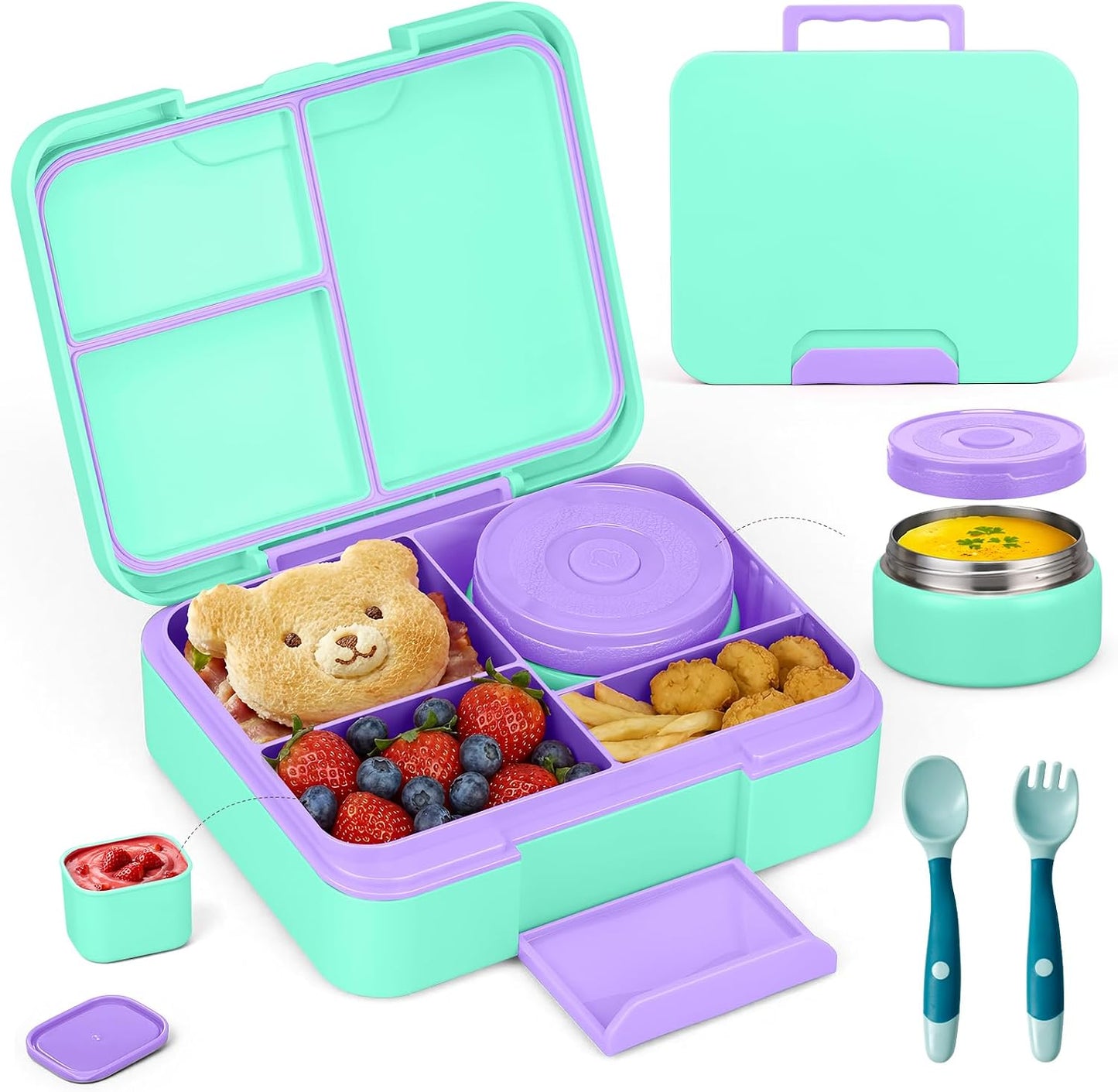 Bento Box Set with 9.5oz Soup Thermo Kids Leak-proof Lunch Box Container with 4 Compartment Stainless Steel Insulated Hot Food Jar with Bag for School Travel - Pink